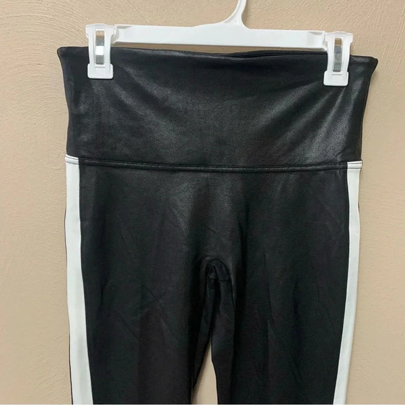 Spanx Black Faux Leather Leggings with White Side Stripe Size Large - Picture 5 of 14